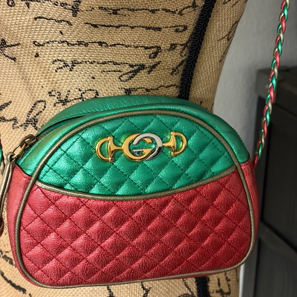 GUCCI Trapuntata bag Limited leather mini red/green metallic vintage - Picture 10 of 16